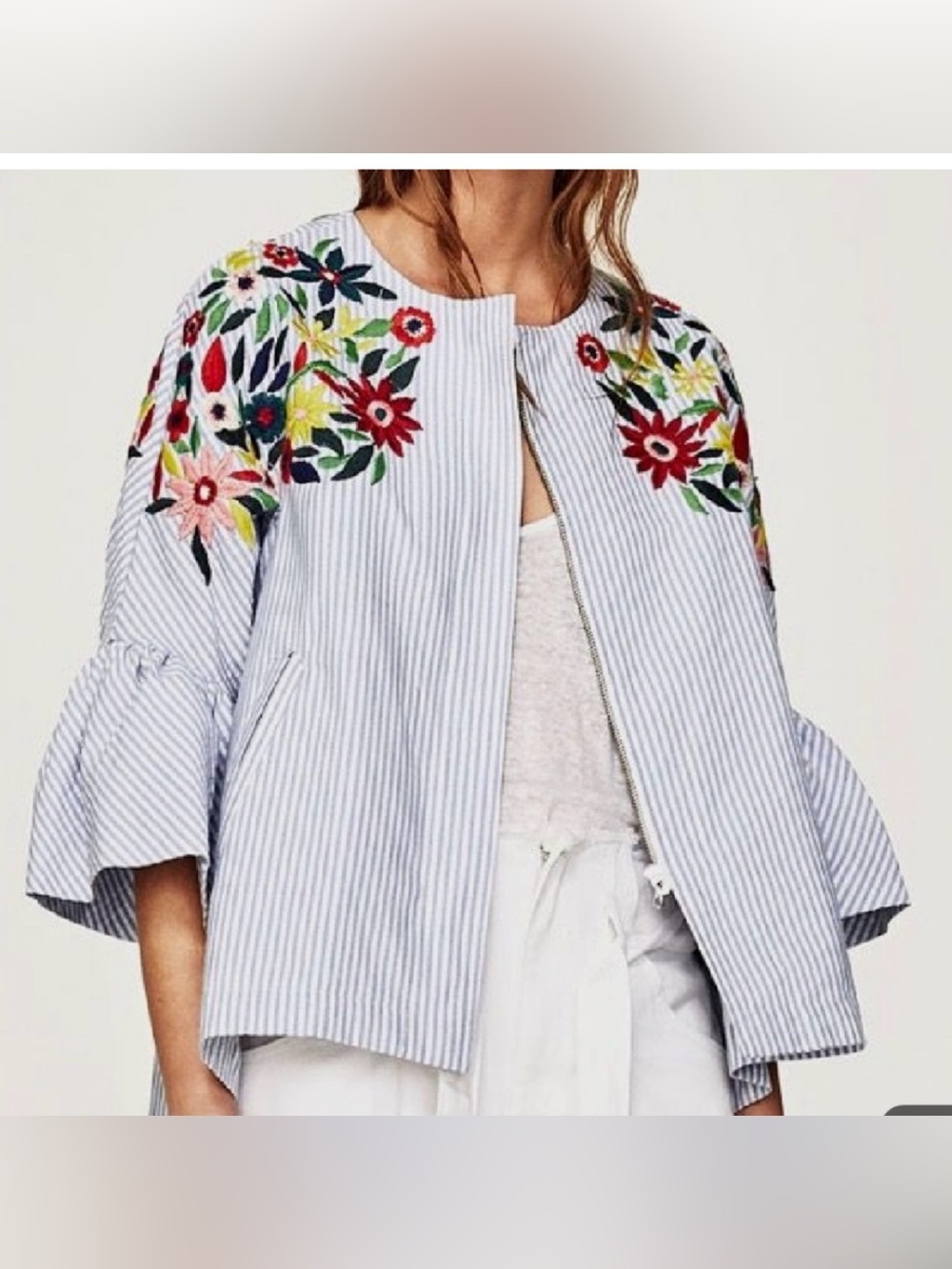 Zara Striped Seersucker Floral Embroidered Jacket